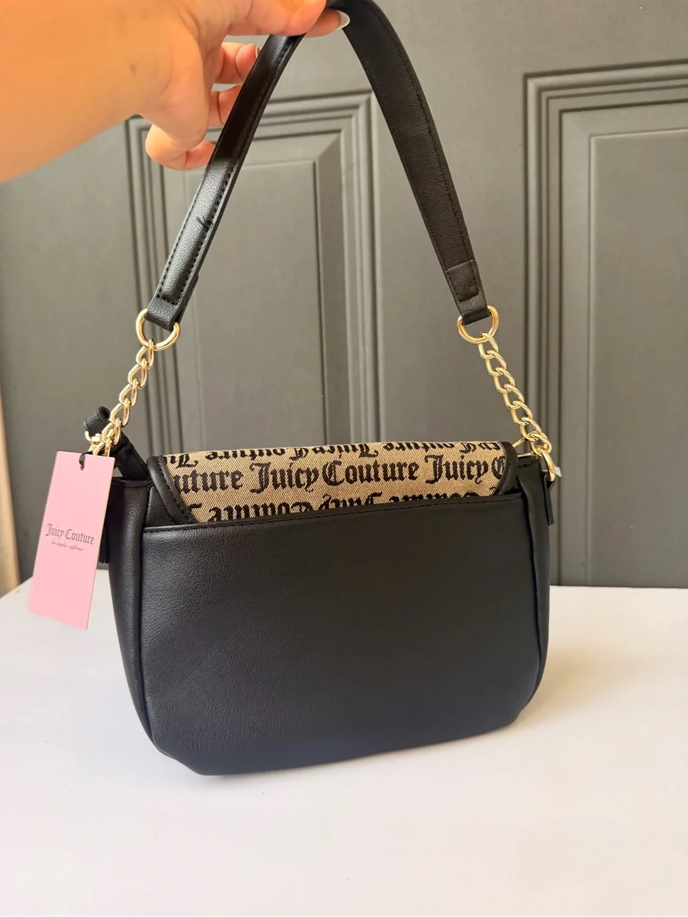 Juicy Couture Black & Beige Logo Canvas Shoulder Bag with Gold Hardware